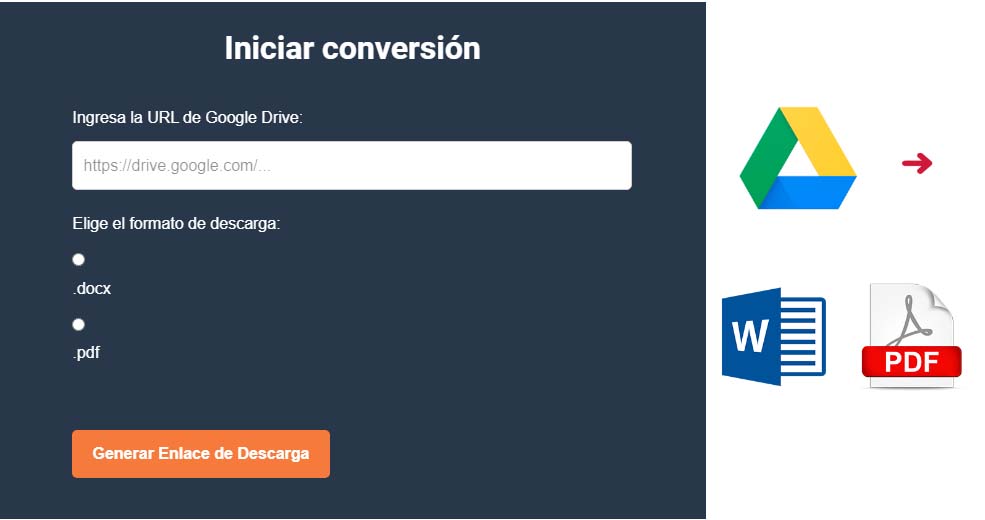 herramienta facilita la conversión de enlaces de Google Drive a DOCX y PDF